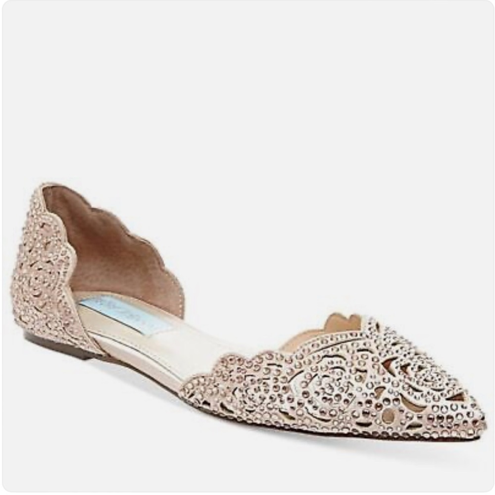 Betsey Johnson Lucy Rhinestone Floral Cutout Flats, Blush Satin, Rose Gold- 7.5